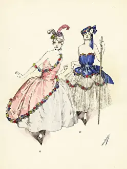 Masquerade Prints: Women in fancy dress costumes as Madame Pompadour and Marie Anto