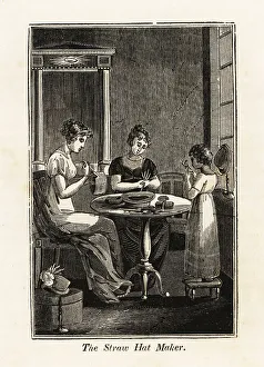 Parlor Prints: Women and girl weaving straw hats in a parlor