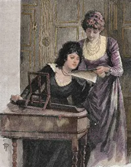 Harpsichord Prints: Women with a harpsichord. Colored engraving, 1895