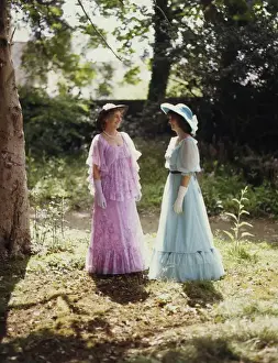 Two women in Helston Floral Dance costume, Cornwall