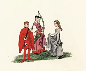 Women in hunting dresses, with bow and hunting