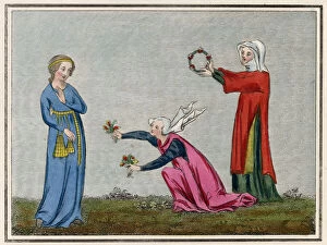 Two women make an offering of flowers to another lady. Date: 14th century