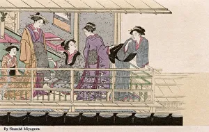Five women in an outdoor domestic scene by Katsukawa Shuncho Five women in an outdoor domestic scene by Katsukawa Shuncho