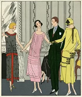 Three women in outfits by Doeuillet