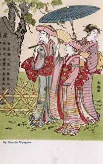 Fans Prints: Three Women outside by Katsukawa Shuncho