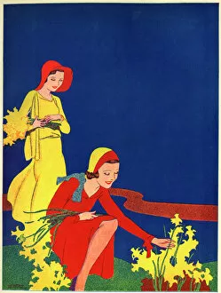 Images Dated 29th July 2016: Women picking daffodils in Art Deco style