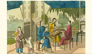 Mayer Gallery: Women playing the card game Zi Pai in a pavilion in