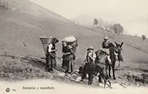 Women porters of the Italian Lakes with mules