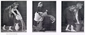Motion Collection: Women in short or long dresses emptying bowls, lifting a basket. Date: 1887