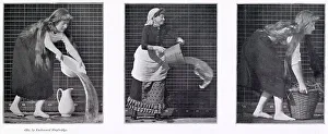 Women in short or long dresses emptying bowls, lifting a basket. Date: 1887