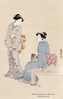 Ukiyo E Prints: Two women and small black pet dog by Katsukawa Shuncho
