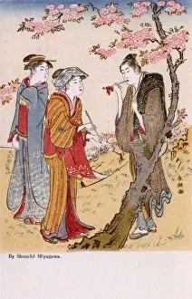 Underneath Prints: Three Women smoking pipes in a garden by Katsukawa Shuncho