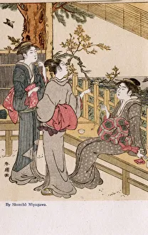 Three Women talking on a terrace by Katsukawa Shuncho