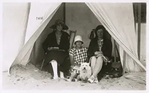 Flap Prints: Three women in a tent on a beach with a white terrier