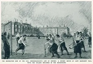 Undergraduates Prints: Women undergraduates of Lady Margaret Hall taking part in a hockey match. Date: 1920
