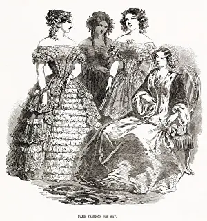 Four women waering the latest fashions of May 1850. Date: 1850
