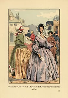 Bourbon Gallery: Women waiting for stage coaches in Paris, 1839