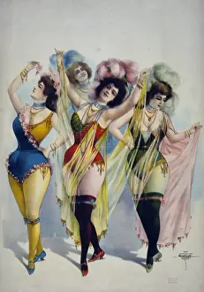 Women wearing brief costumes, holding veils, with feathers i