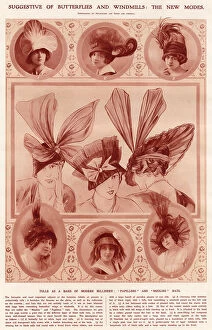 Modes Collection: Women wearing hats trimmed with large bows resembling butterfiles wings or windmills. Date: 1913