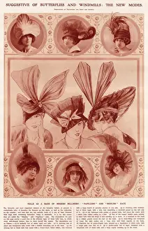 Tulle Prints: Women wearing hats trimmed with large bows resembling butterfiles wings or windmills