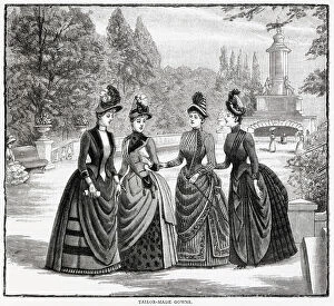 Three women wearing the latest tailor-made outdoor wear frocks Date: 1886