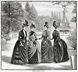 Bustles Prints: Three women wearing the latest tailor-made outdoor wear frocks Date: 1886