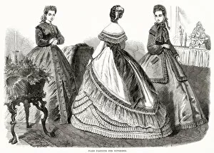 Images Dated 8th June 2021: Three women wearing the new style of dresses. Date: October 1864