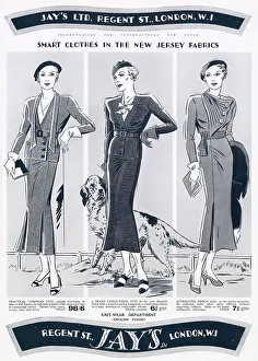 Belted Prints: Three women wearing smart clothes in the New Jersey fabrics. Date: 1935