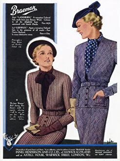 Two women wearing two-piece tailored suits made from wool. Date: 1936
