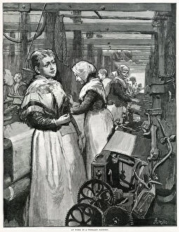 Manufactory Collection: Women working in cramped conditions spinning yarn. Date: 1883