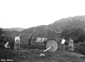 Women working upland field pulling a lint wheel over flax wi