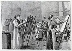 Women's Life-school, illustration of women artists in studio