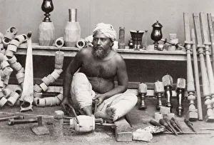 Lathe Prints: Wood turner working with a lathe, India