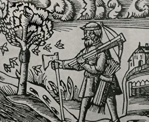 Scandinavia Prints: Woodcut depicting a peasant with axe, bow