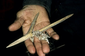 Siberia Collection: Wooden fishing hook on palm of a Siberian shaman /