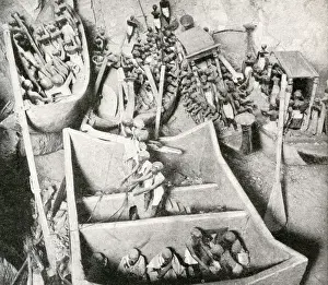 Wooden statues of servants found during excavation, Egypt