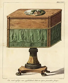Needlework Prints: Wooden work table with painted top and homemade fringe