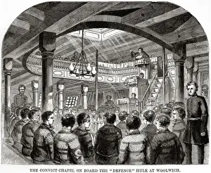 Convicts Prints: Woolwich hulks - convicts chapel onboard Defence