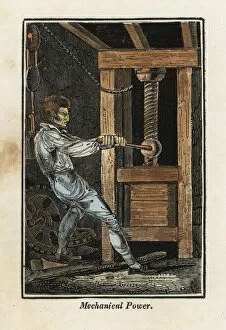 Skilled Collection: A worker using mechanical power to press paper in a mill