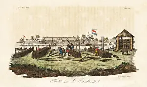 Batavia Prints: Workers building the Dutch fortress at Batavia