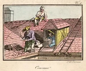 Roofing Prints: Workers Repair a Roof