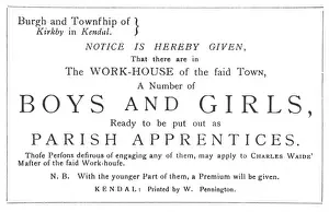 Notice Prints: Workhouse Apprentices Handbill, Kendal, Westmorland
