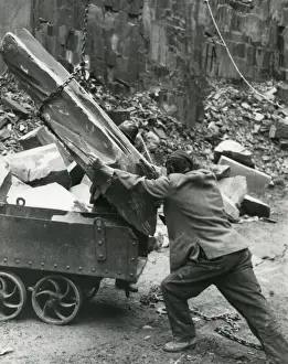 Workman with tram, Penyrorsedd Slate Quarry, North Wales