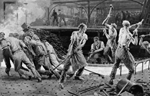 Workmen hammering rivets into a vessel