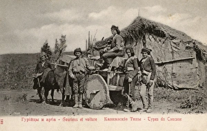Workmen and their wagon from Guria, Georgia - Solid wheels
