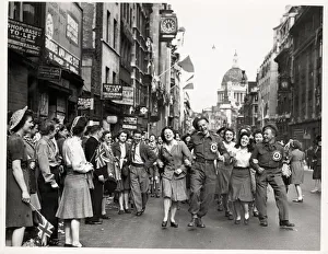 Pedestrian Prints: World War II 1945 VE Day revellers Fleet Street, London