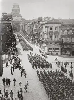 Cityscape Prints: World War II Allied trrops march rue de Regence in Brussels