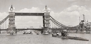 Dusk Collection: World War II captured German U boat Tower Bridge London