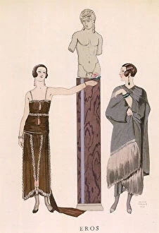 Mantle Collection: Worth designs: Grey mantle with a heavy border of fur; dress with a train, narrow straps