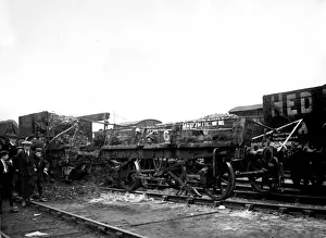 Violence Prints: Wrecked goods train, Llanelli railway strike riots, Wales